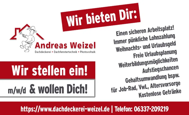 Stellenanzeige der Dachdeckerei Andreas Weizel: Wir stellen ein – m/w/d